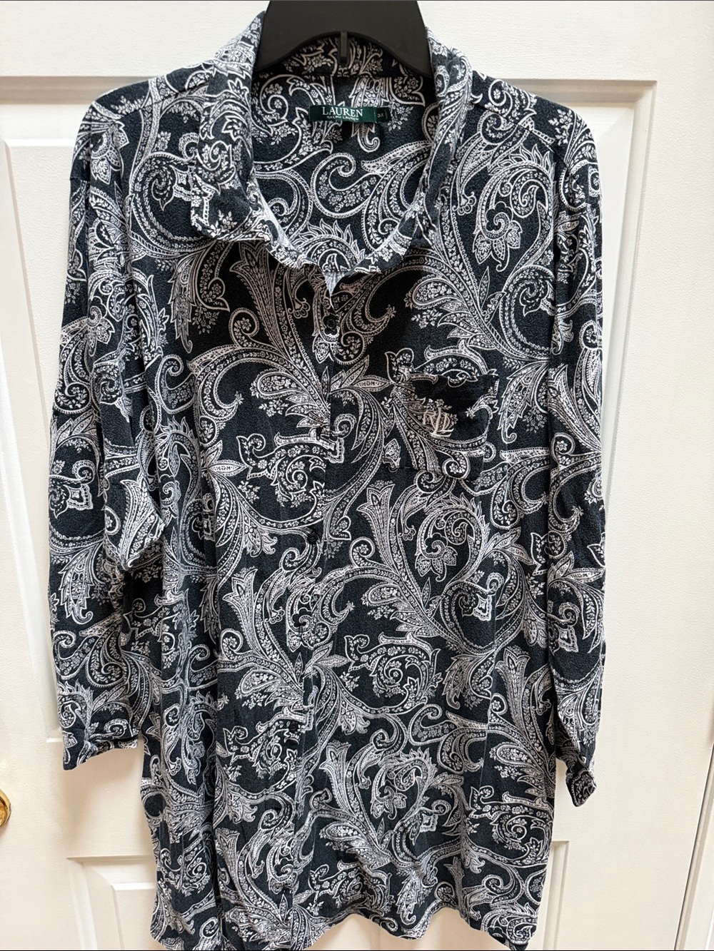 Lauren Ralph Lauren Black and White Paisley Button-Down Sleep Shirt, size 3X